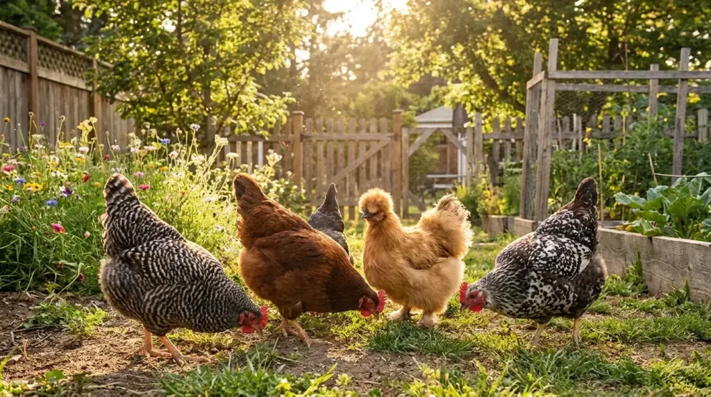 Healthy laying hens foraging in a backyard