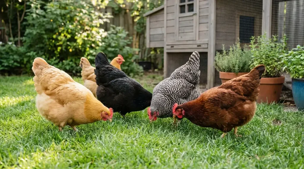 Four of the best chickens for beginners foraging in a backyard near a coop