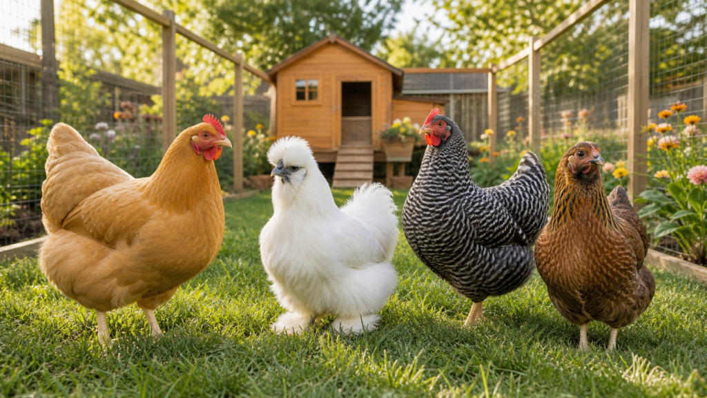 Mixed backyard chicken flock with Buff Orpington, Silkie, Easter Egger, and Plymouth Rock hens near a wooden coop