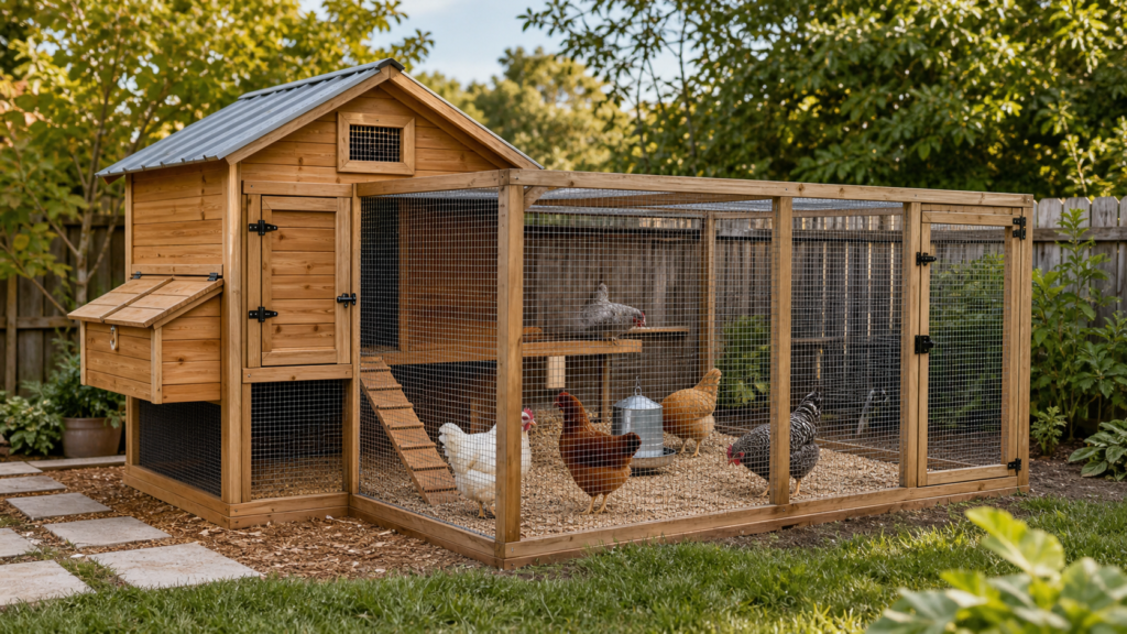 Backyard chicken coop and run with hens spread comfortably around the enclosure