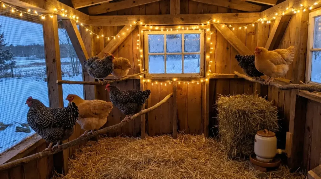 A cozy winter chicken coop with string lights and straw bedding to help hens through the cold months