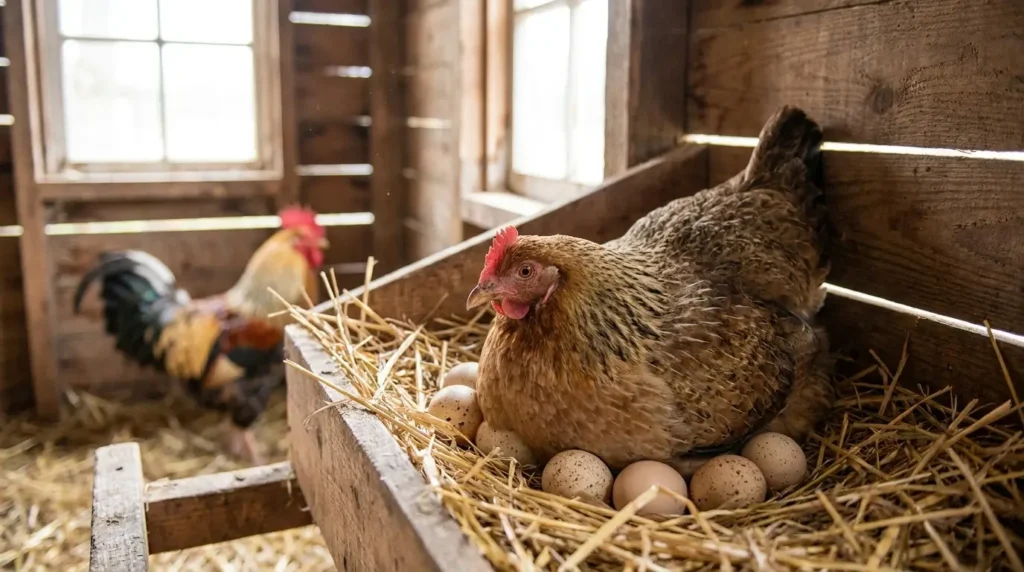 Hen sitting on eggs in a nesting box with rooster in the background showing fertilized chicken eggs in a coop