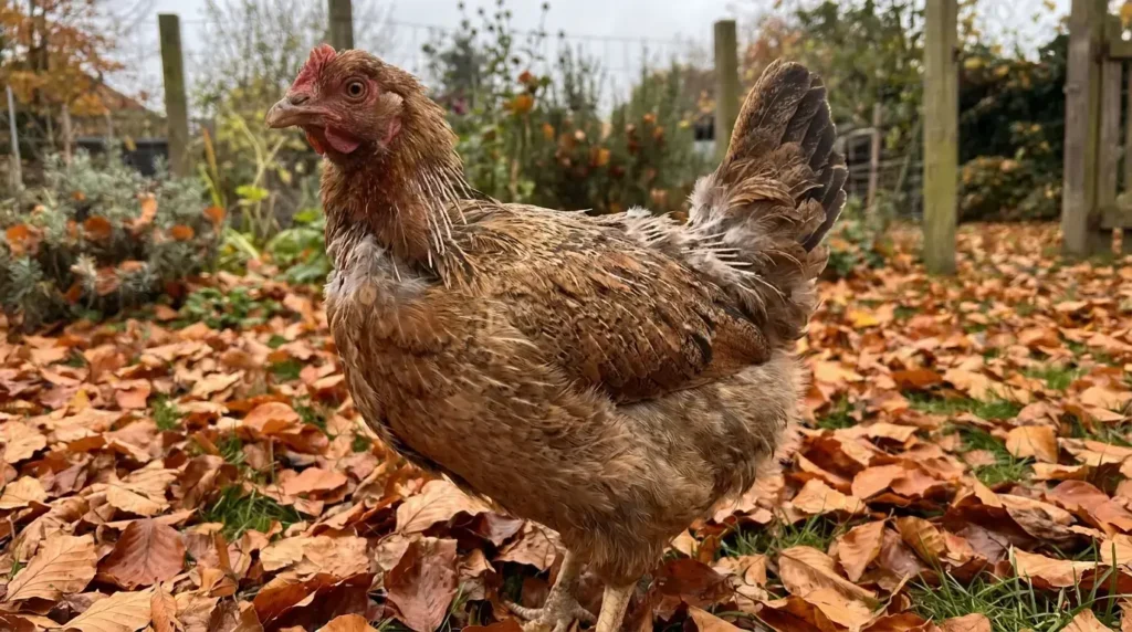 A single hen standing among autumn leaves as shorter days approach, when many hens stop laying eggs in winter