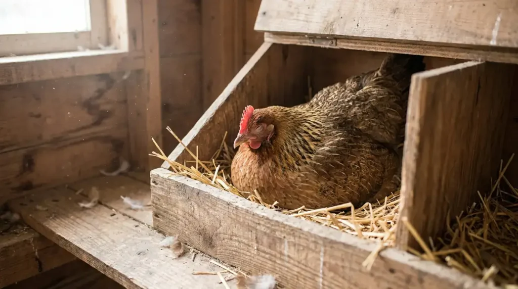 Hen sitting inside a wooden chicken nesting box lined with straw