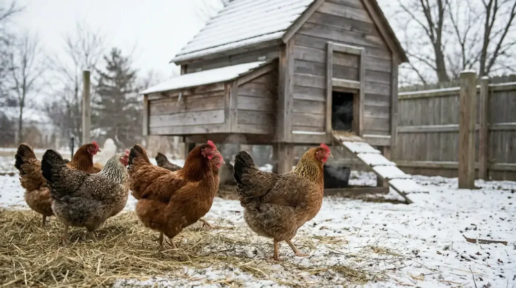 Backyard hens outside their coop in the snow, illustrating how hens stop laying eggs in winter as daylight shortens