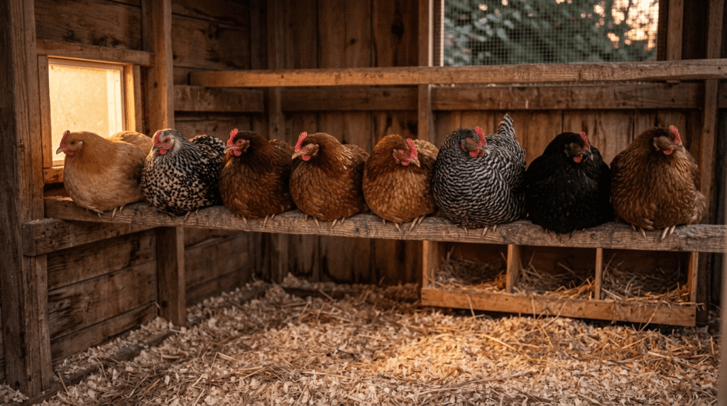 Eight hens of mixed breeds roosting side by side on a wooden bar inside a coop