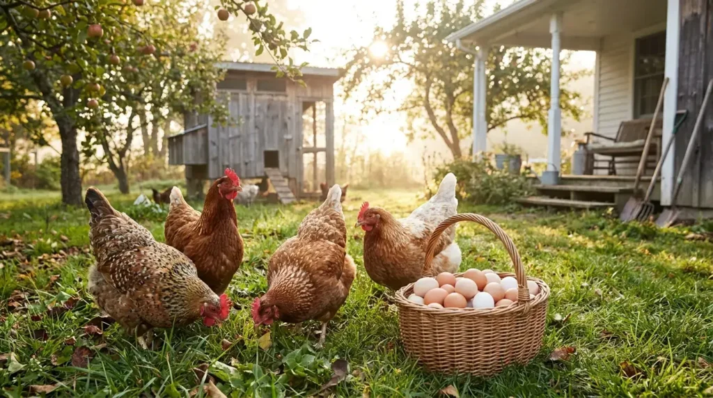 Laying hens beside a basket of fresh eggs