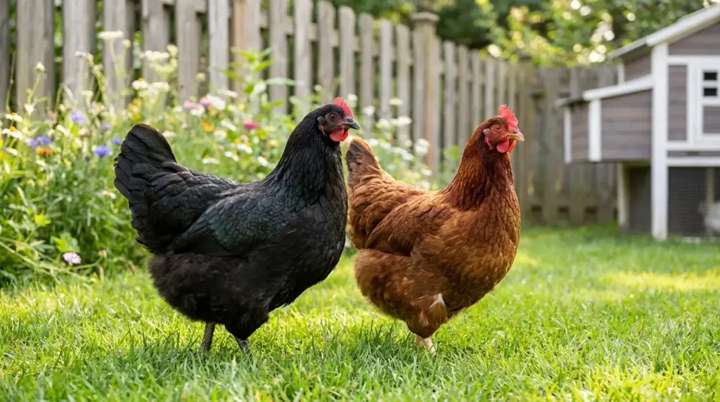 Healthy laying hens in a backyard