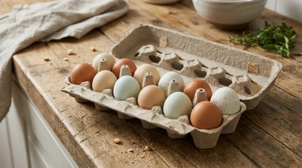 Carton of fresh brown, white, and blue eggs