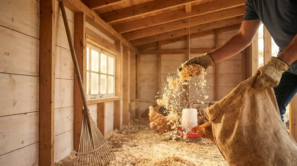 Scraping a droppings board under coop roosts