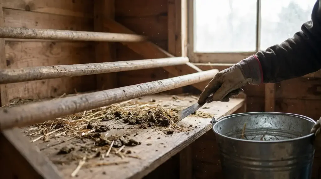 Clean chicken coop with fresh pine shaving bedding