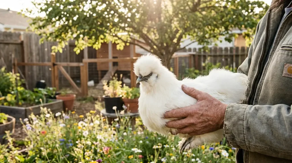 Fluffy Silkie chicken being gently held