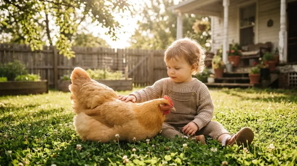 Child gently petting a calm backyard hen