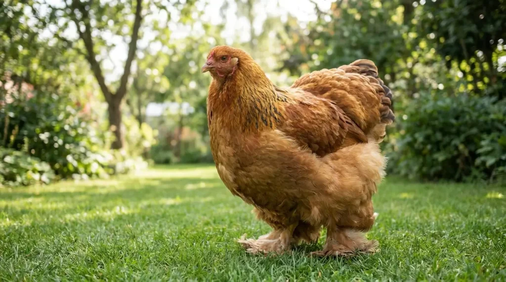 Fluffy Cochin chicken with feathered feet