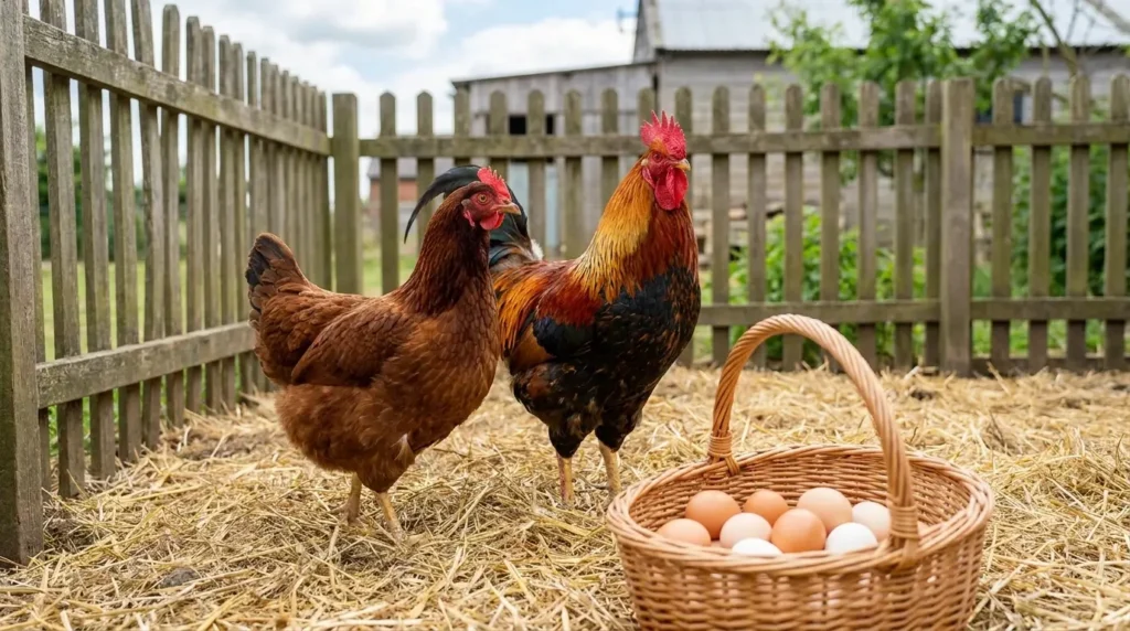 Rooster and hen standing near a basket of eggs in a backyard chicken coop showing how chicken eggs get fertilized