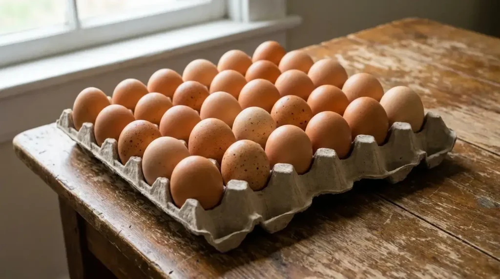 Hen beside a nesting box with fresh eggs