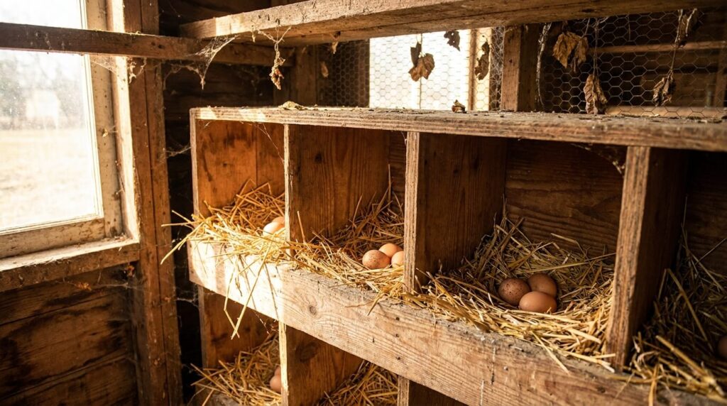 Wooden nesting boxes filled with straw holding brown eggs inside a chicken coop