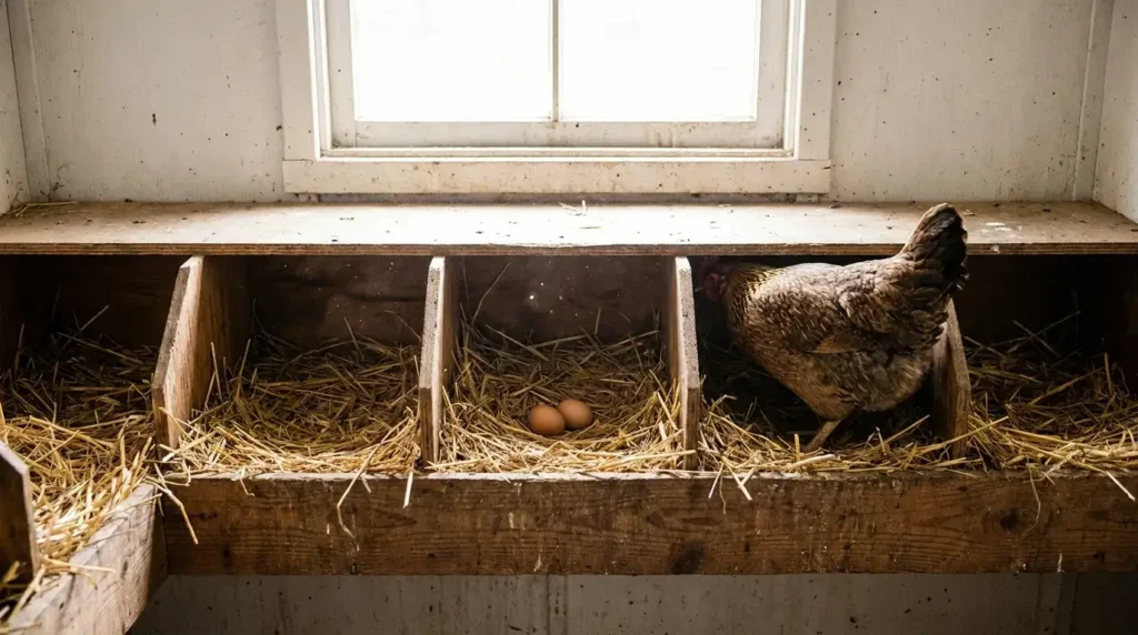 Row of wooden chicken nesting boxes with a hen and two eggs
