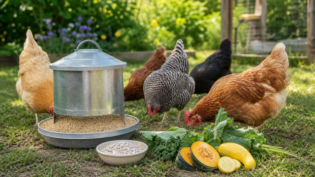 Chicken feeder with layer pellets, oyster shell, greens, squash, and hens eating in a backyard run