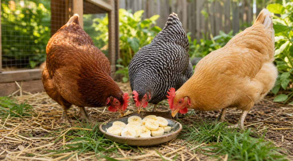 Chickens eating small banana pieces from a dish