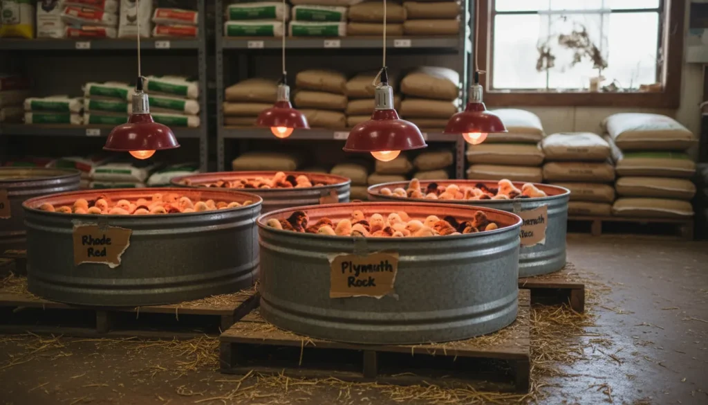Galvanized bins of chicks for sale at a farm store during Chick Days