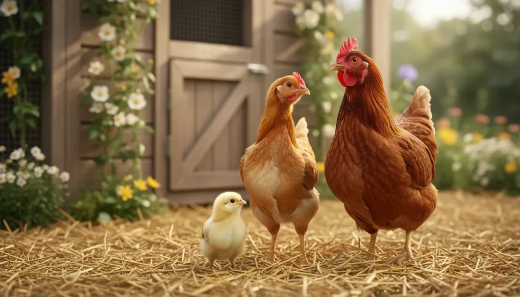Day-old chick, young pullet and adult laying hen side by side