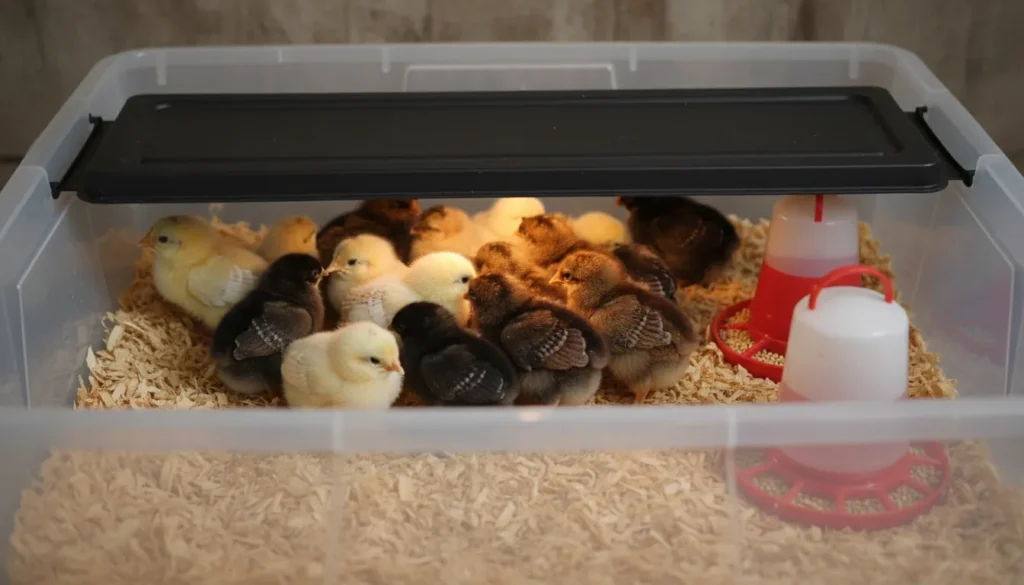 Pullet chicks under a heat plate in a brooder